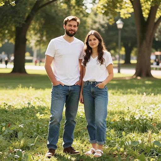 Photograph of a bearded man and a long-haired woman, both wearing white t-shirts and blue jeans, standing hand-in-hand in a sunny park