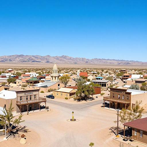 Photograph of a small, sunlit Western-style town with adobe buildings, a central square, and distant mountains under a clear blue sky.