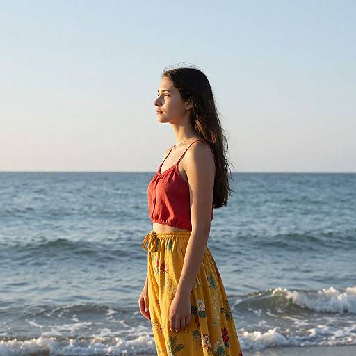 Photograph of a young woman with long dark hair, wearing a red crop top and yellow floral skirt, standing on a sunny beach with gentle waves in