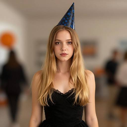 Photograph of a young blonde woman with long hair, wearing a blue party hat and black lace dress, standing in a blurred indoor setting with people in