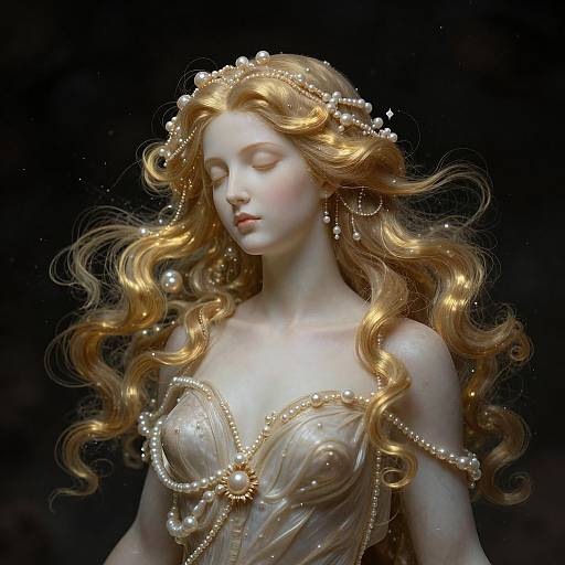 Digital artwork of a serene, fair-skinned woman with flowing golden hair, adorned with pearls, wearing an intricate, strapless, pearl-embell