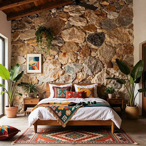 Bohemian Bedroom with Natural Rock Wall