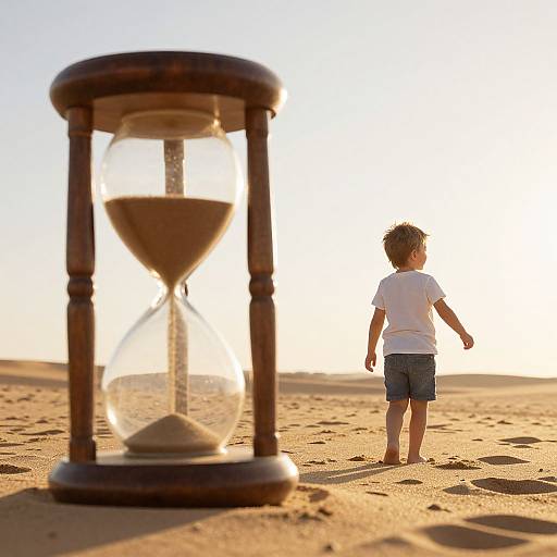 Photograph of a young boy in a white shirt and blue shorts standing in a sandy desert, facing a wooden hourglass in the foreground. Sunlight