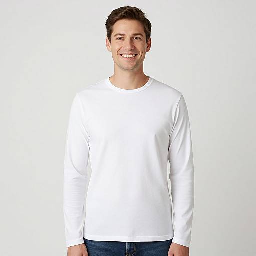 Photograph of a smiling young man with short brown hair, wearing a plain white long-sleeve shirt and blue jeans, against a plain white background