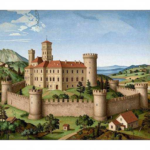 Digital illustration of a medieval castle with tall cylindrical towers, red-roofed buildings, and stone walls, set in a lush, green countryside with hills