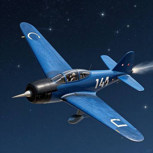 Photograph of a blue, vintage, single-engine military jet with white markings, flying through a starry night sky, engine exhaust visible.