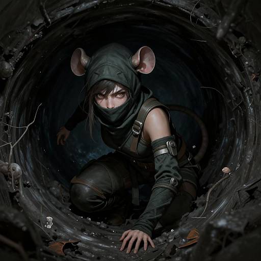 Digital art of a stealthy, mouse-eared ninja in dark hood, crouching in a dark, circular tunnel, surrounded by small mushrooms.