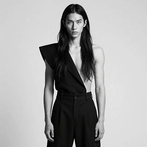 Black-and-white photograph of a slender, long-haired Asian man with sharp features, wearing a one-shoulder black top and high-waisted pants