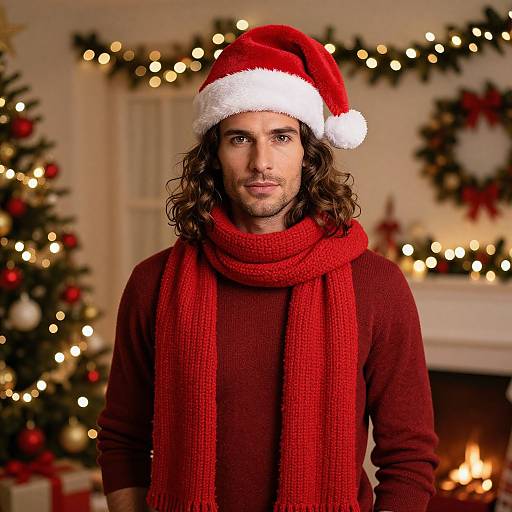 Photograph of a bearded man with long brown hair, wearing a red Santa hat and scarf, red sweater, standing in a festive, warmly lit
