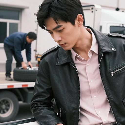 Young Asian Man Leaning on Car Window
