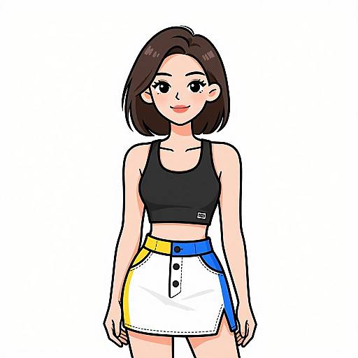 Digital anime-style drawing of a cute, fair-skinned woman with short brown hair, black sports bra, and white skirt with yellow, blue, and