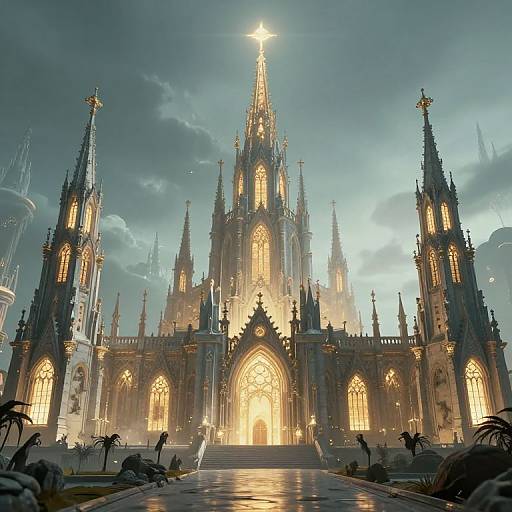 Photorealistic CGI of a grand gothic cathedral at dusk, illuminated from within, with a glowing star atop its spire, surrounded by dark clouds