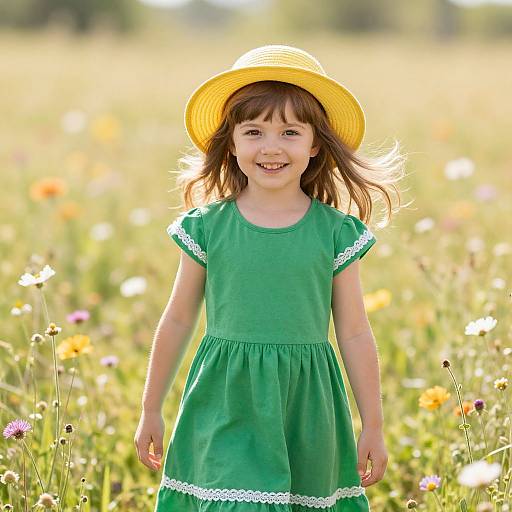 Photograph of a smiling young girl with brown hair, wearing a yellow straw hat and green dress with white lace, standing in a sunlit meadow