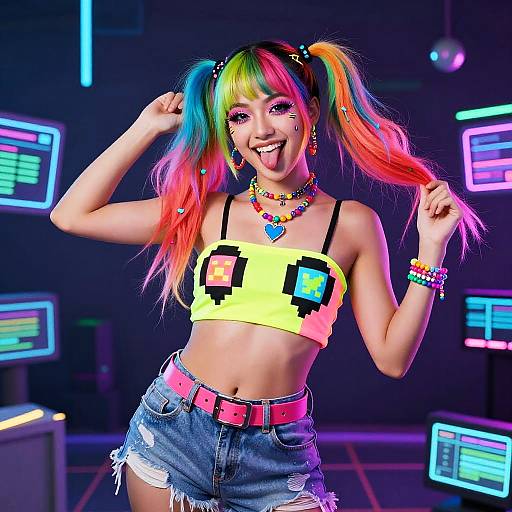 Vibrant digital art of a smiling Asian woman with rainbow hair in pigtails, neon crop top, pixelated breasts, denim shorts, colorful