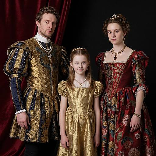 Photograph of a medieval-style family portrait: father in ornate gold and navy suit, mother in red and gold dress, and daughter in gold dress