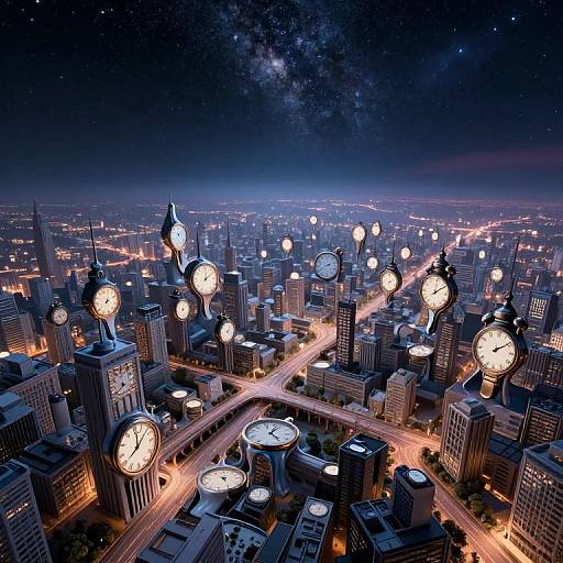 Futuristic CGI image of a cityscape at night, dotted with glowing, floating clock faces, under a starry, galaxy-filled sky.