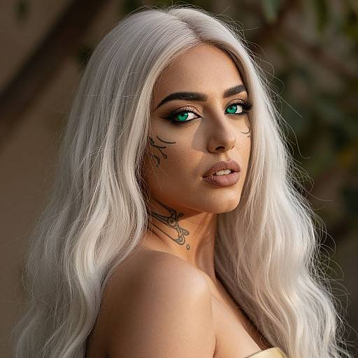 Photograph of a woman with long, white, wavy hair, piercing green eyes, dark eyebrows, tribal facial markings, and a necklace, against