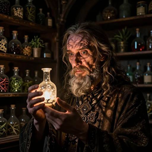 Photograph of an elderly man with long, wavy gray hair and beard, holding a glowing glass flask, illuminated by its light, surrounded by dark