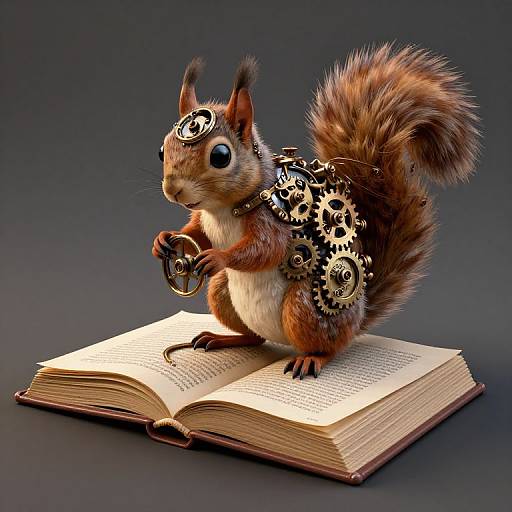 Digital CGI of a furry, steampunk squirrel with gears on its back, holding a clock, standing on an open book against a dark gradient background
