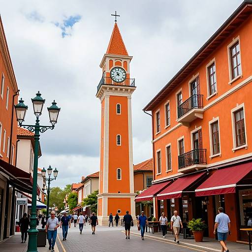 Photograph of a vibrant orange clock tower in a bustling European street, flanked by red-roofed buildings, outdoor cafes, and pedestrians.