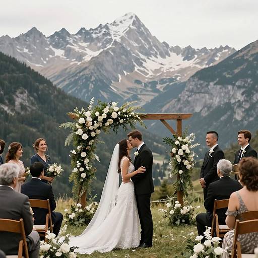 Photograph of a mountain wedding with bride and groom kissing under an elegant floral arch, surrounded by guests and snow-capped peaks.
