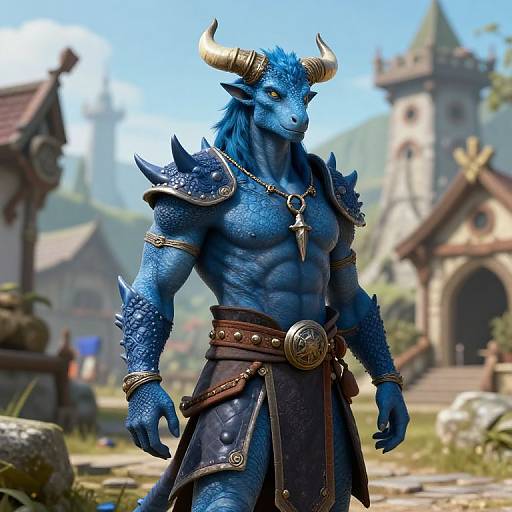 Blue Dragonborn Monk in Fantasy Village