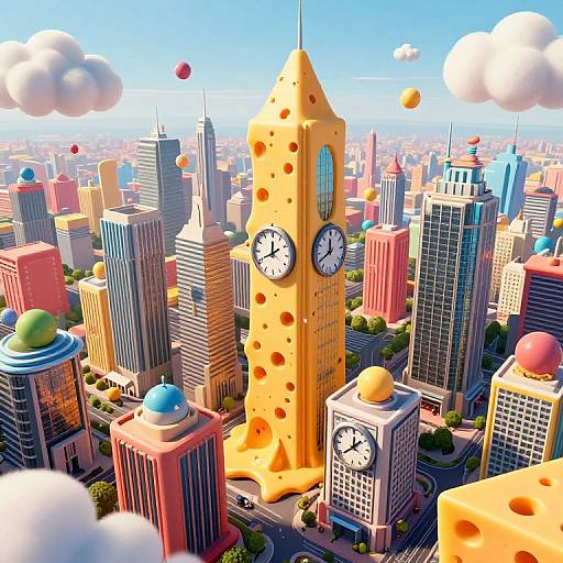 Bright, surreal CGI cityscape featuring buildings with colorful domes and a towering, cheese-shaped clock tower with Swiss cheese holes.