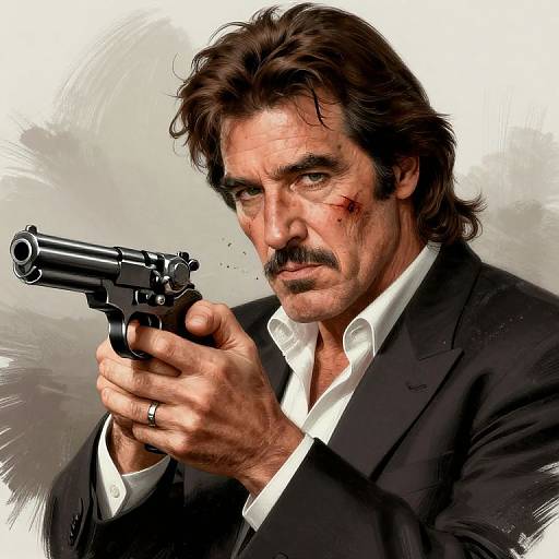 Digital illustration of a middle-aged man with dark hair, mustache, and a bruised face, pointing a black handgun. He wears a black suit