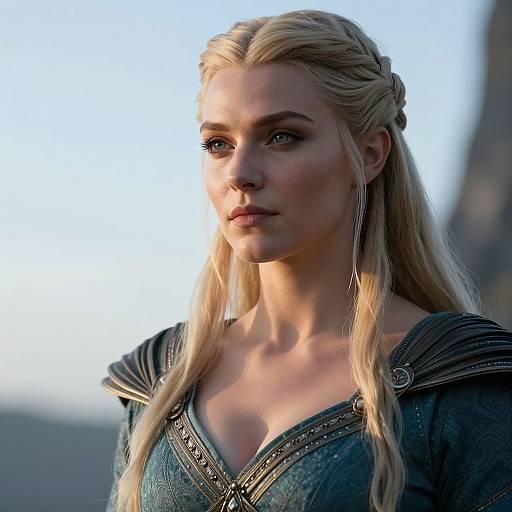 Photorealistic CGI of a blonde, fair-skinned woman with braided hair, wearing a medieval-style, teal, V-neck dress with intricate gold