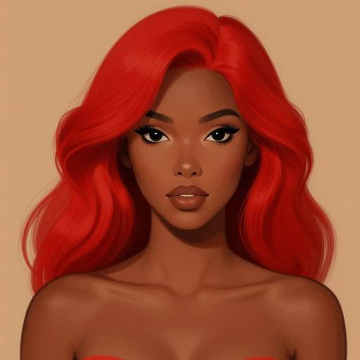 Digital portrait of a dark-skinned woman with vibrant red, wavy hair, large black eyes, and full lips, against a beige background.