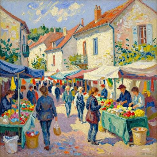Vibrant, impressionist-style painting of a bustling outdoor market with colorful stalls, people shopping, and charming European buildings in the background.