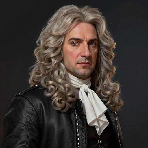 Digital portrait of a stern-faced, middle-aged man with long, wavy gray hair, wearing a black leather jacket and white scarf, against a dark