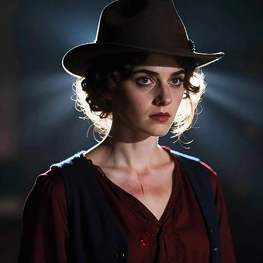 Photograph of a pale-skinned woman with short, curly brown hair, wearing a dark brown hat and burgundy blouse, illuminated by dramatic stage lighting