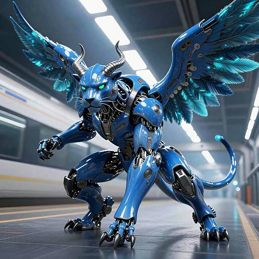 Azure Panther Mecha with Feathered Wings