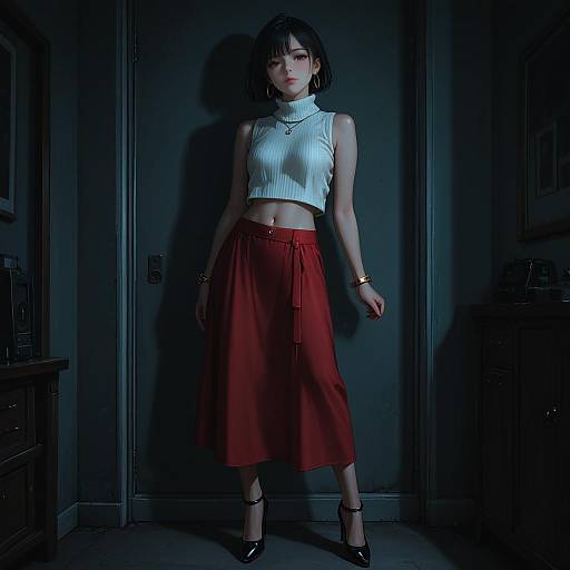 Woman Wearing Red Skirt and White Crop Top Indoors