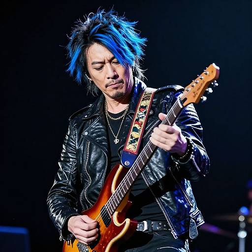 Photograph of a male rock musician with blue-dyed hair, black leather jacket, and necklace, passionately playing an electric guitar on stage.