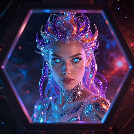 Digital art of a glowing, ethereal woman with neon purple and blue hair, illuminated blue eyes, and futuristic, cosmic background. Hexagonal frame enhances