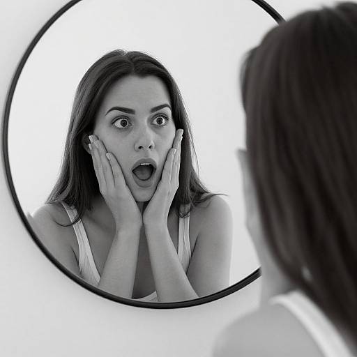 Black-and-white photograph of a surprised woman with long dark hair, wide eyes, and open mouth, reflected in a circular mirror, hands on cheeks.