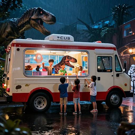 Photograph: Nighttime, rainy scene of a white and red food truck with dinosaur exterior, children inside and outside, large dinosaur model above, bright