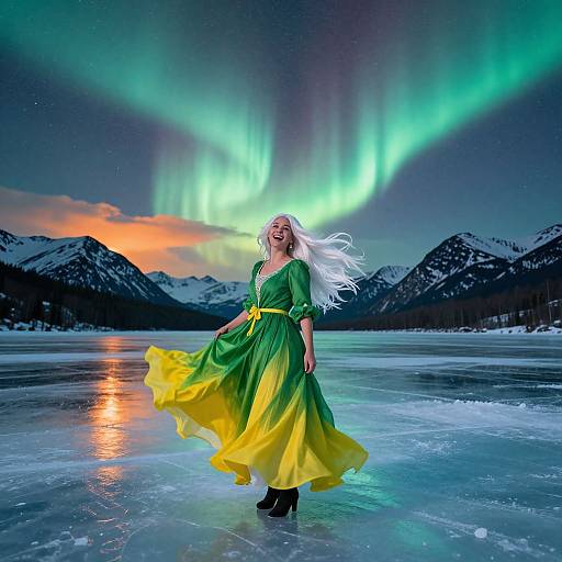 Photograph of a smiling blonde woman in a green and yellow dress, dancing on a frozen lake under vibrant Northern Lights. Snowy mountains and colorful sky