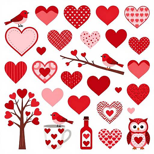 Colorful digital illustration of red and pink hearts, birds, owl, tree, cup, bottle, and hearts on a branch on white background.
