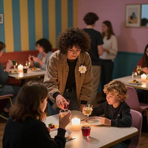 Curly-Haired Person Serving Drinks at Cozy Dinner