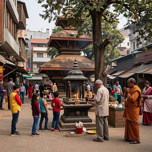 Photograph of a bustling street market with people of various ages and ethnicities gathered around a traditional temple with multi-tiered roofs, surrounded by shops and
