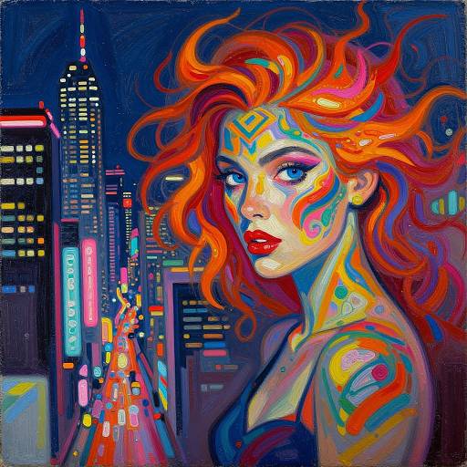 Vibrant digital painting of a woman with neon red hair, colorful face paint, and red lipstick, set against a glowing cityscape at night.