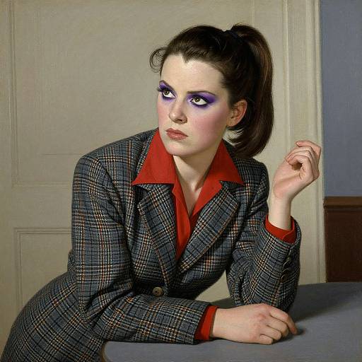 Digital art: Pale-skinned woman with dark hair in a high ponytail, wearing a red-collared plaid blazer, purple eyesh