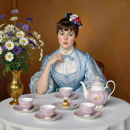 Photograph of a Victorian woman with dark brown hair in a blue dress, floral headpiece, and white ruffled collar, sitting at a table with