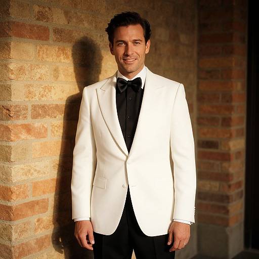 Photograph of a smiling man with short dark hair, wearing a white tuxedo jacket, black bow tie, and black shirt, standing against a