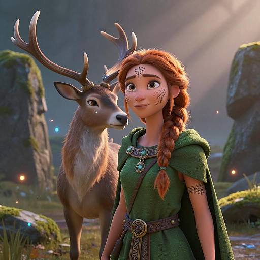 River-Kin Druidess with Ethereal Stag Spirit