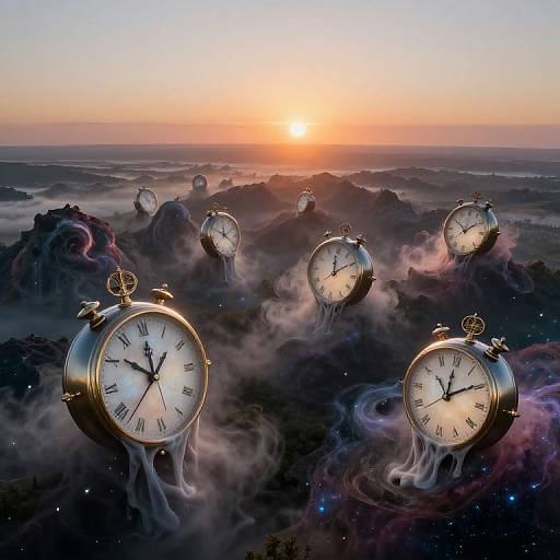 Fantasy digital artwork: Floating, gold-cased clocks with black hands and Roman numerals hover above a misty, starry landscape at sunrise.