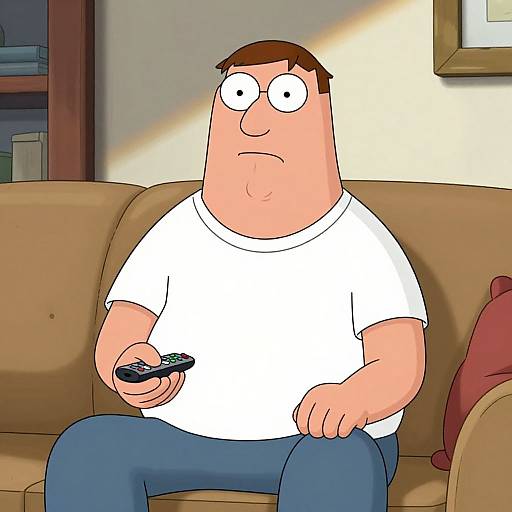 Cartoon of a chubby, fair-skinned man with brown hair, wearing a white t-shirt and blue jeans, sitting on a beige couch holding a